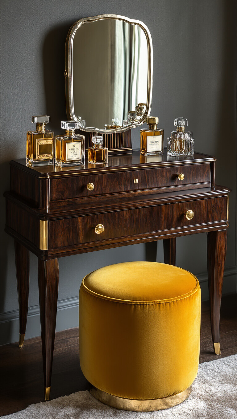 Art Deco dark wood vanity with vintage perfume bottles and silver mirror, mustard velvet stool, in moody evening light.