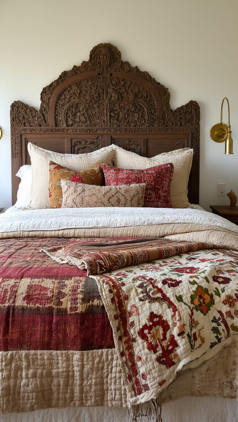 Bohemian bed with layered quilts, mudcloth pillows, vintage suzani throw, and carved headboard in soft mid-morning light.