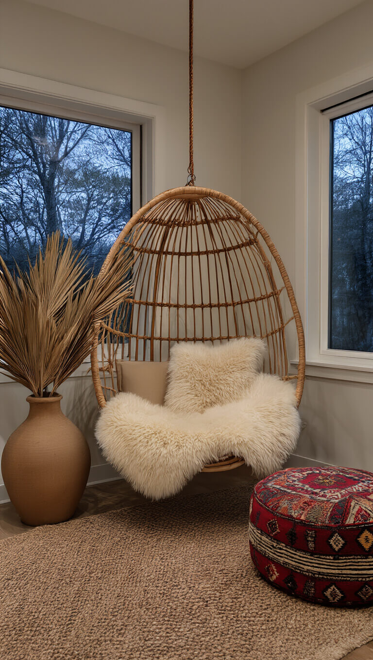 Cozy corner reading nook at twilight with rattan hanging chair, sheepskin throw, vintage kilim pouf, dried palm fronds in ceramic vase, and soft ambient lighting.