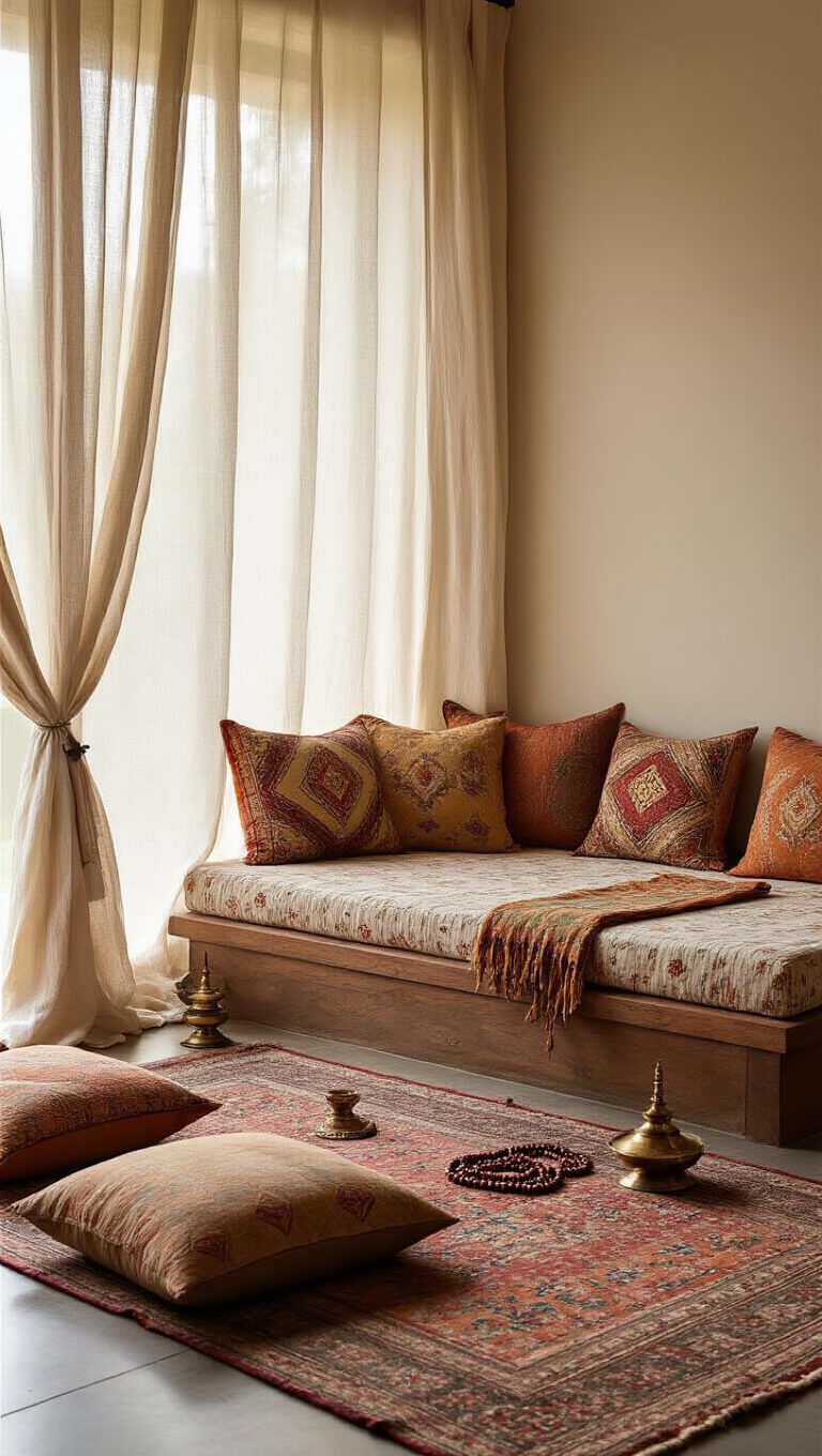Cozy morning meditation nook with low daybed dressed in Indian block print fabrics, earth-tone floor cushions, prayer beads, brass incense holders, and soft light through gauzy curtains.
