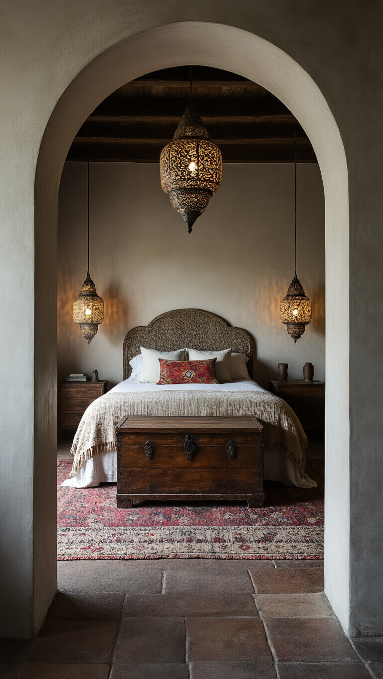 Arched doorway framing a canopy bed with vintage textiles, Moroccan pendant lights casting patterns, and an antique wooden chest in moody, dramatic lighting.