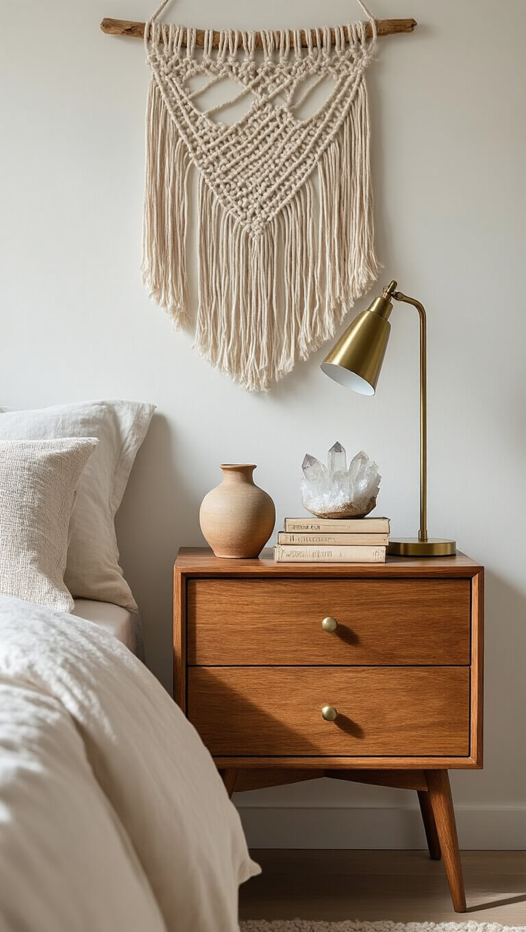Minimalist boho bedside vignette with mid-century nightstand, ceramic vessel, crystals, vintage books, brass lamp, and macramé wall hanging.