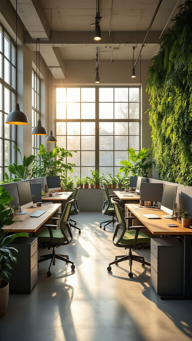 Modern open-plan hybrid office with standing desks, sage mesh chairs, living wall, and natural light streaming through floor-to-ceiling windows at golden hour.