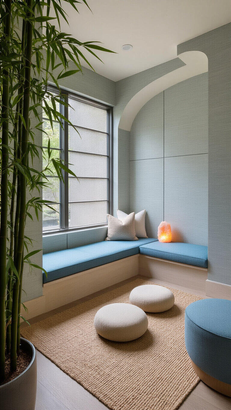 Low-angle view of serene meditation corner with built-in oceanic blue window seat, salt lamp glow, soft acoustic panels, linen cushions on jute rug, and bamboo framing in natural morning light.