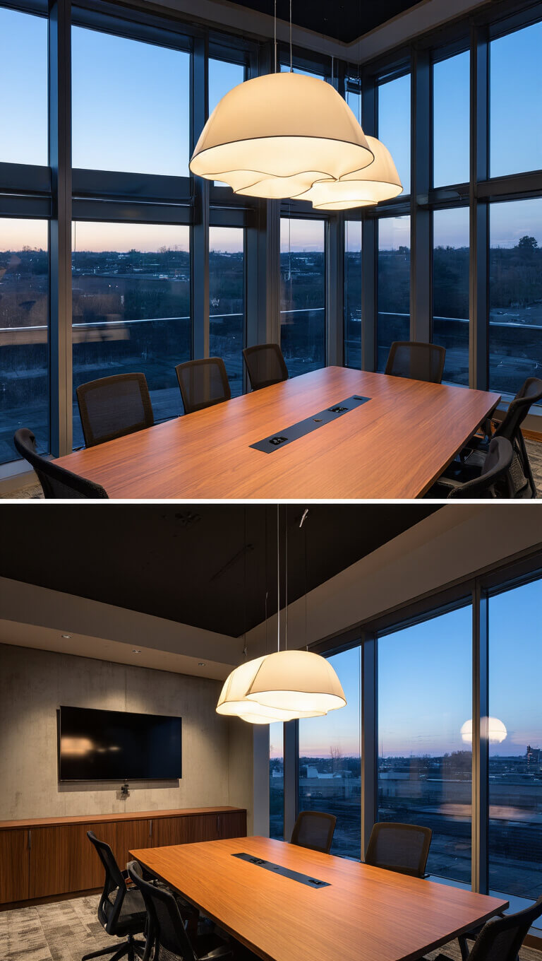 Modern executive conference room at dusk with floating wooden table, matte black mesh chairs, smart glass walls, LED accent lighting, and walnut credenza.