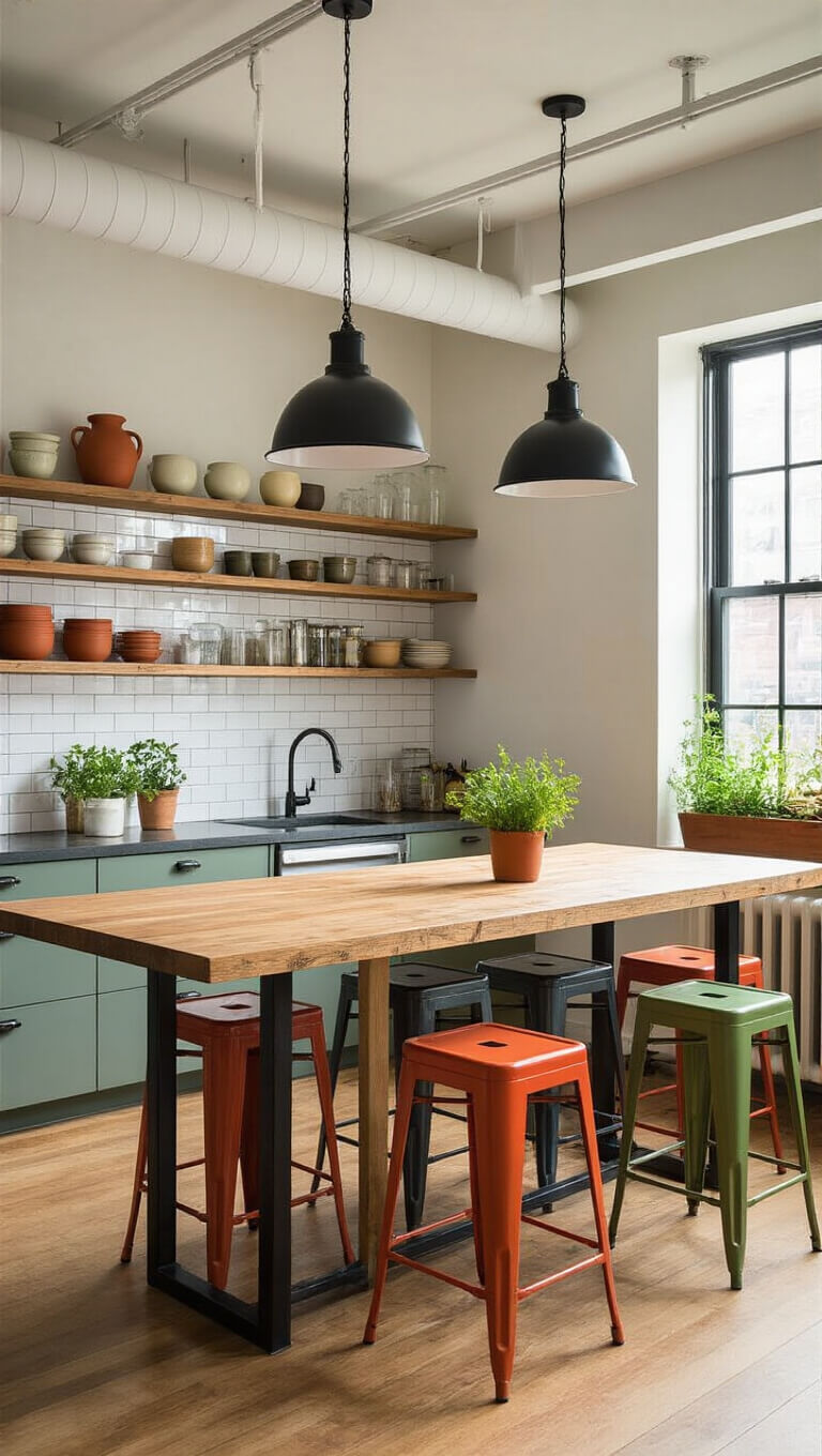 High-angle view of a bright office kitchen with reclaimed wood community table, colorful steel stools, subway tile backsplash, open shelving with ceramics, skylight, and herb-lined windowsill.