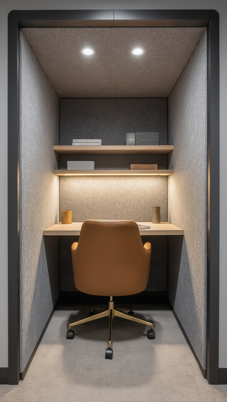 Blue hour view of a 100 sq ft private workspace pod with LED-lit desk nook, gray acoustic felt walls, cognac leather task chair, floating shelves, hidden storage, and smart glass door.