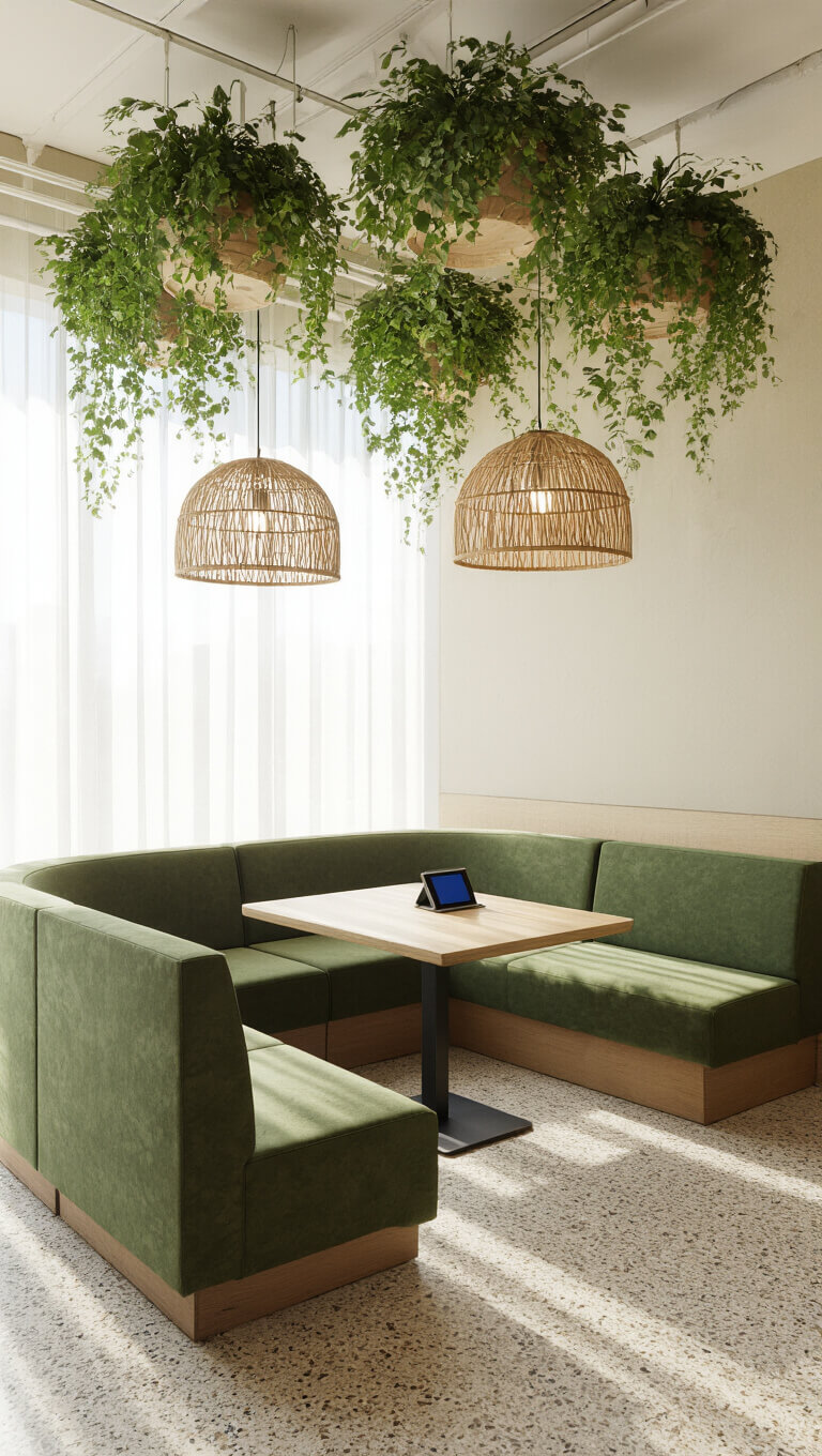 Biophilic meeting lounge with forest green modular seating in a sunlit conversation pit, suspended planters overhead, rattan pendant lights casting shadows, terrazzo flooring, and mobile tablet stands amidst earth tones and natural light.
