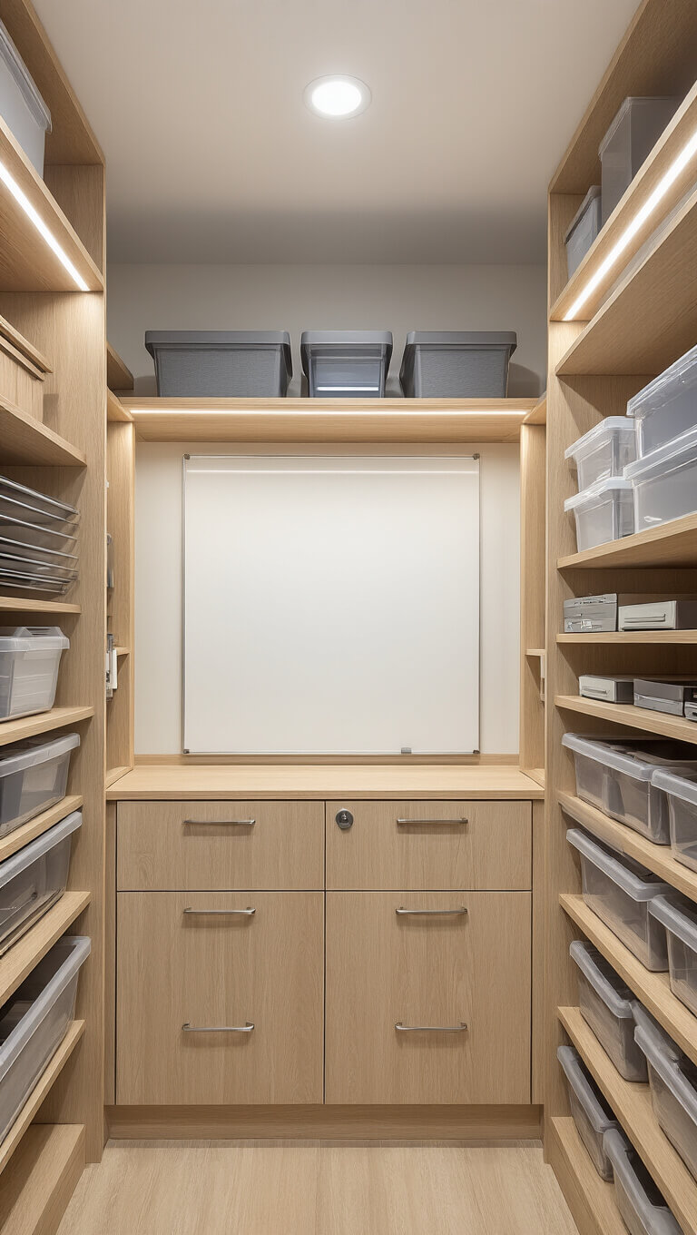 Modern 150 sq ft storage area with pale oak custom millwork, clear containers on adjustable shelves, cable management, magnetic whiteboards, and LED strip lighting.