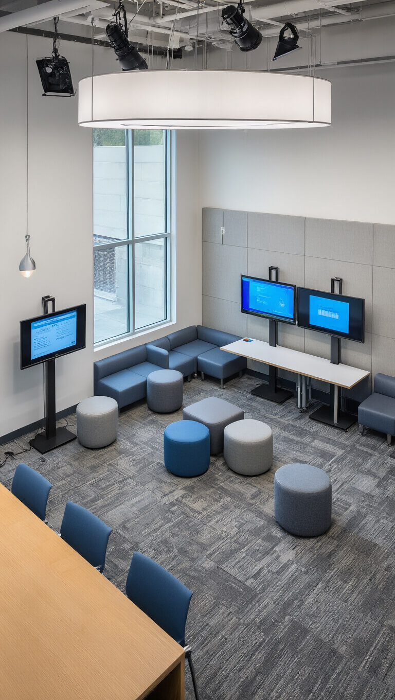 Elevated view of a modern 350 sq ft digital collaboration space with interactive touch screens, flexible ottoman seating, writable walls, built-in charging stations, and dramatic lighting in cool gray and electric blue tones.