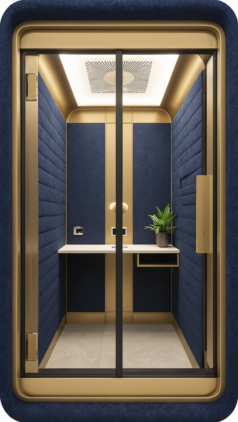 Straight-on view of a compact 50 sq ft private phone booth with navy acoustic panels, built-in desk, smart glass door, ventilation details, and a small plant.
