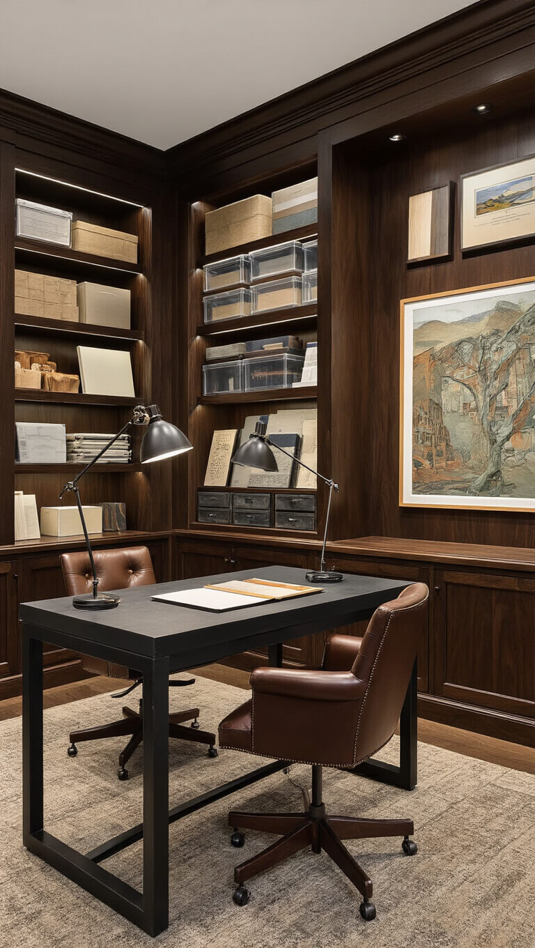 Sophisticated 200 sq ft resource library with dark walnut shelving, blackened steel work table, and vintage task lamp, featuring organized material samples and spotlighted artwork.