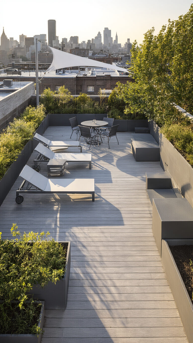 Outdoor work terrace at sunrise with loungers, bistro sets, shade sails, and integrated planters on spacious decking.