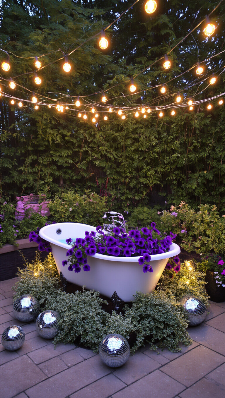Twilight garden with overhead string lights illuminating a circular seating area centered around a clawfoot tub planter filled with purple petunias and silver dichondra; mirror mosaic spheres and long exposure light trails create a magical ambiance.