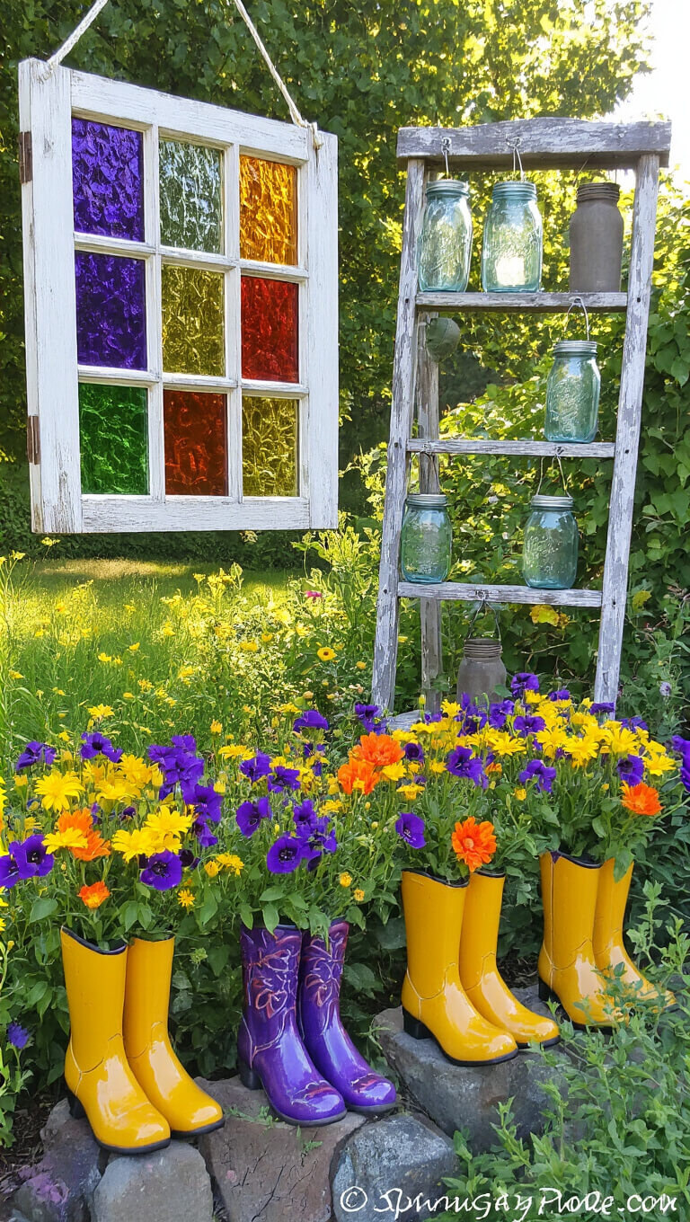Mid-morning garden scene with stained glass window frames hanging from hooks, colorful ceramic boots filled with wildflowers in foreground, and a rustic ladder with mason jar lanterns in the background.