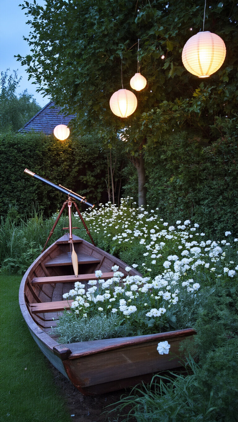 Blue hour garden scene with a vintage rowing boat turned flower bed of white blooms and silver foliage, surrounded by glowing paper lanterns and a copper telescope aimed at the sky.