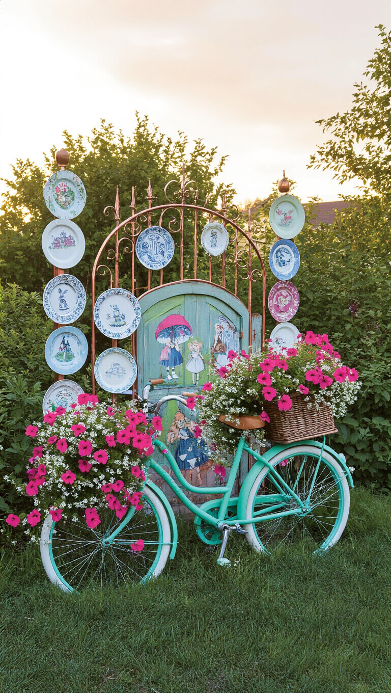 Seafoam green vintage bicycle overflowing with pink petunias and white alyssum in a sunset garden, surrounded by mismatched china plates on copper poles and a whimsical Alice-in-Wonderland gate in the background.