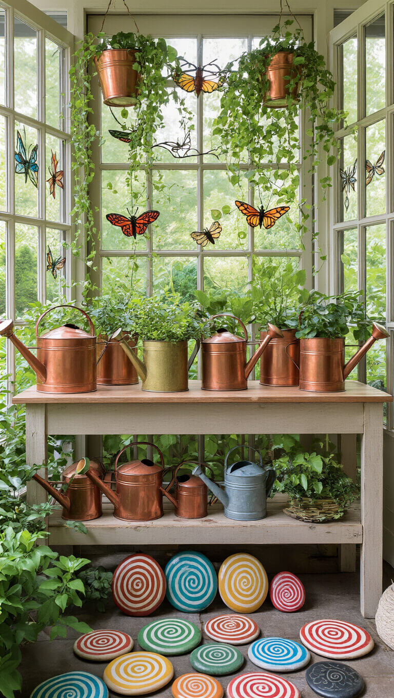 Eye-level view of a garden workspace with vintage copper and brass watering cans as hanging planters on a repurposed potting bench, trailing vines spilling out; stained glass butterflies and dragonflies decorate old window frame backdrop; foreground features spiral of hand-painted garden stones; shallow focus emphasizes textures.