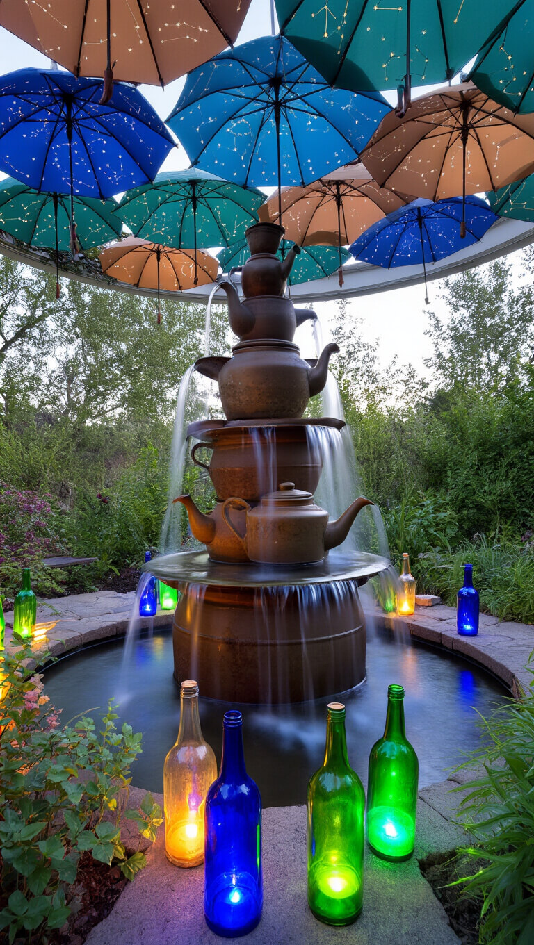 Ground-level view of dusk garden meditation space with cascading water feature made from stacked vintage teapots, surrounded by glowing blue and green wine bottle torches, beneath a canopy of constellation-painted umbrellas.