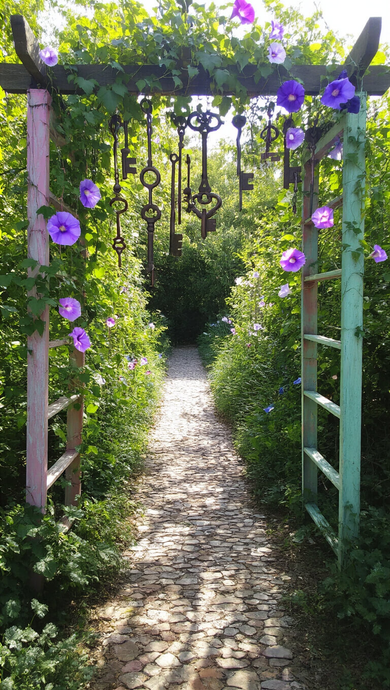 Low-angle view of a secret garden entrance framed by pastel-painted vintage ladder arbor with moonflowers and morning glories, recycled glass flowers lining the path, and oversized vintage keys hanging from copper wires against a polarized blue sky.