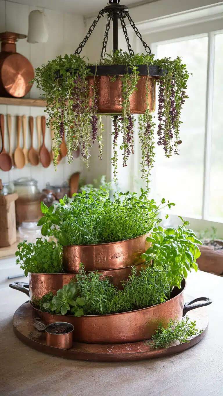 Eye-level view of a kitchen garden featuring a 6ft herb spiral made from vintage copper and cast iron pots, with a repurposed chandelier hanging succulents at the center; water droplets on herbs captured in macro detail, painted wooden spoon garden markers visible in background.