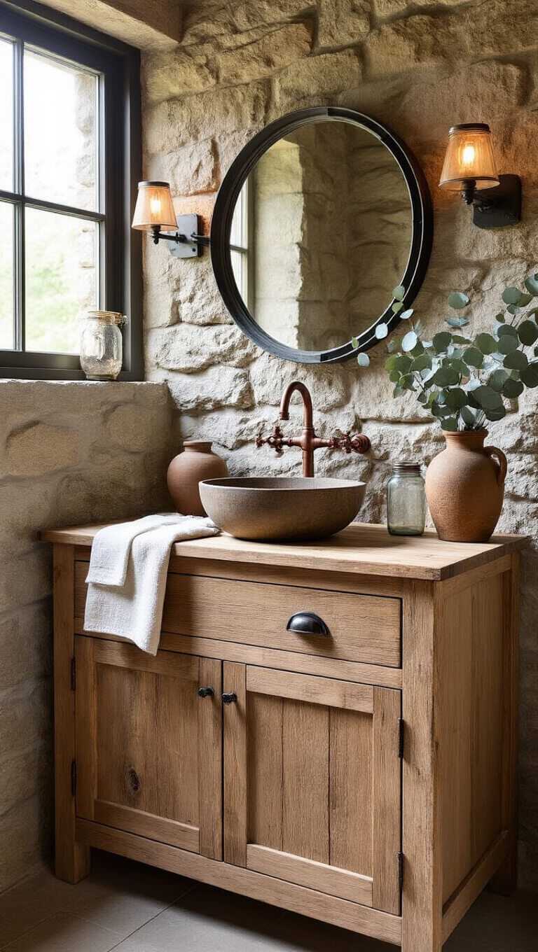 Rustic cabin vanity with reclaimed wood, stone wall, vintage mirror, copper faucet, and pottery sink in warm morning light.