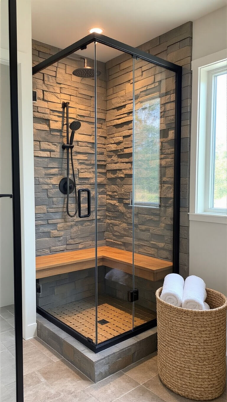 Low-angle view of a rustic corner shower with clear glass panels, matte black frame, stacked stone wall, cedar bench, and rainfall showerhead, lit by warm LEDs and natural morning light.
