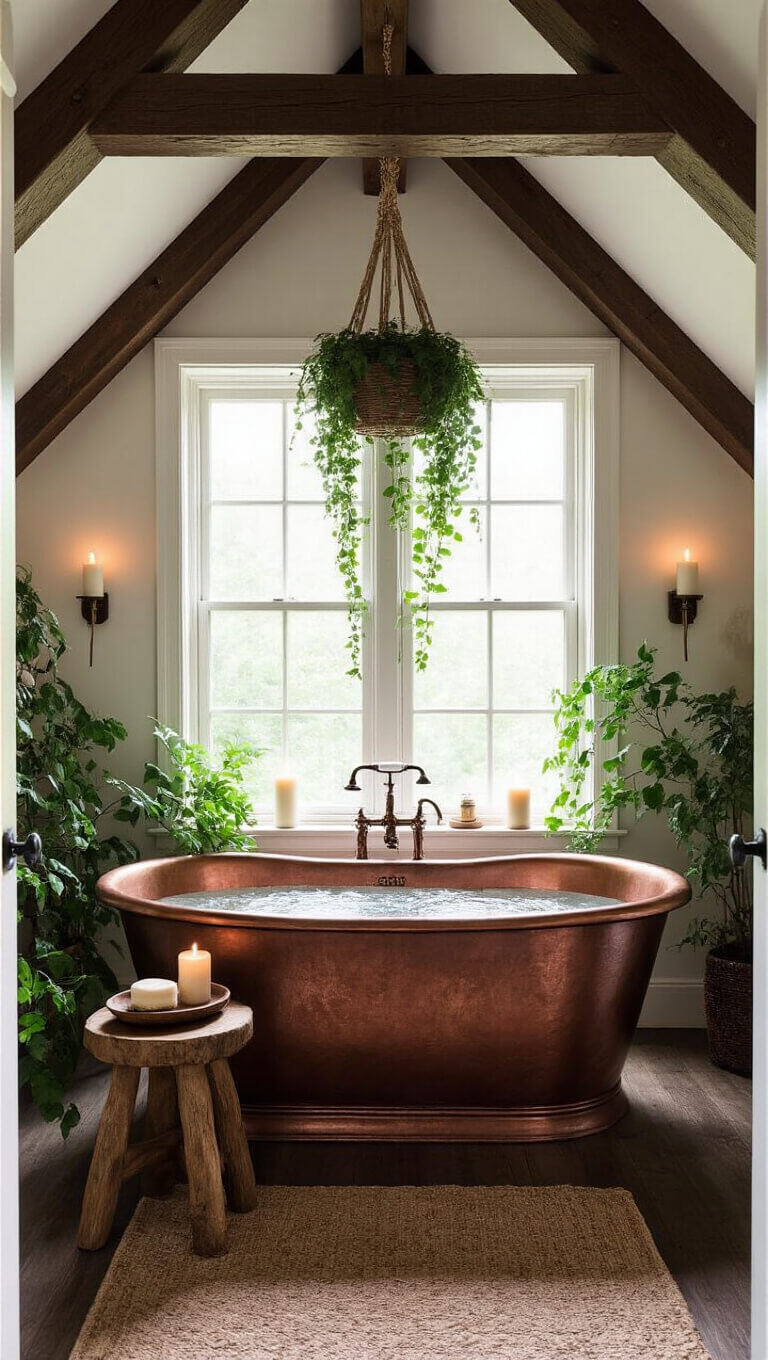 Freestanding copper tub under dormer window at dusk with candle clusters, wooden stool with soap, macramé ivy planter, exposed beams, and white walls.