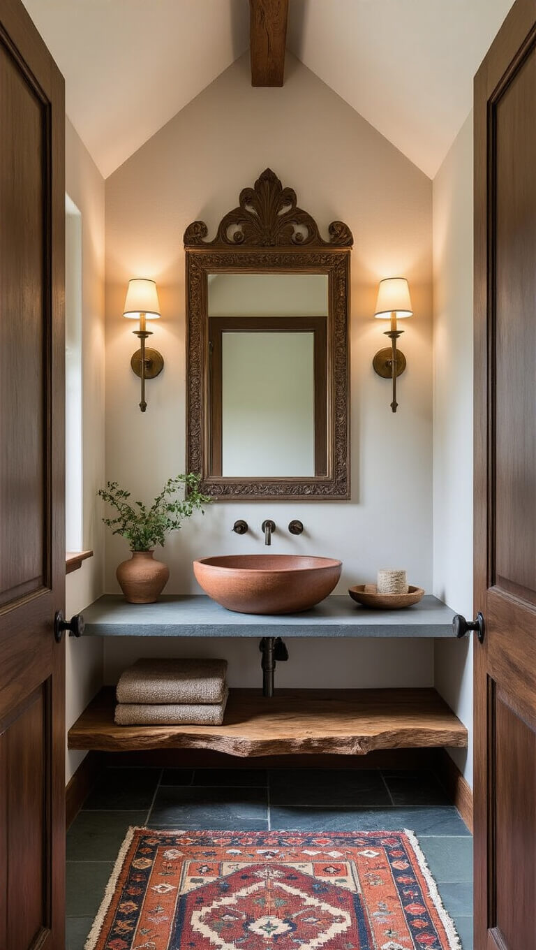 Compact powder room with vaulted ceiling, antique brass sconces, carved wood mirror, live-edge shelf, ceramic vessel sink, side-lit by morning light, kilim rug on slate floor, in earthy tones of wood, brass, terra cotta, and slate blue.