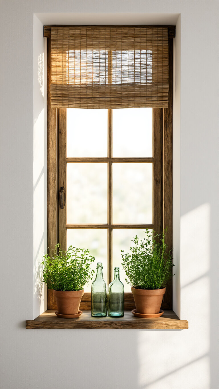 Deep-set rustic wooden window with potted herbs and vintage glass bottles on sill, morning light casting soft shadows, woven blind partially lowered, shot from below with dreamy shallow depth of field.