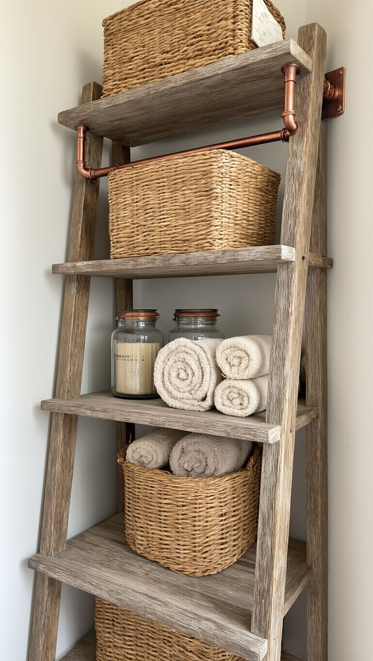 Close-up of a weathered wooden ladder shelf with woven baskets, apothecary jars, and rolled bamboo towels in warm, indirect afternoon light; copper towel bar below, textures emphasized.