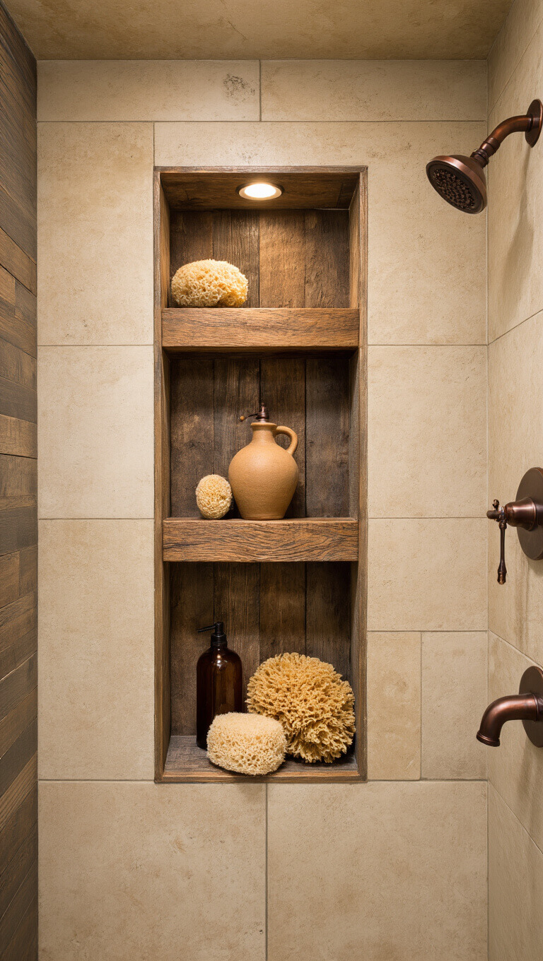 Close-up of a built-in shower niche with reclaimed wood shelves, artisanal pottery, natural sea sponges, and amber glass bottles, lit by overhead spotlight with copper fixtures in the background.