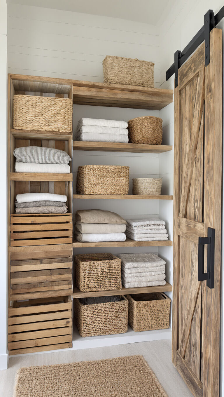 Floor-to-ceiling open shelving in mixed wood tones with vintage crates, woven baskets, and folded earth-tone linens; natural light and sliding barn door in view.
