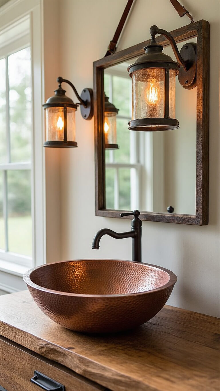 Close-up of a live-edge wood sink console with hammered copper sink, vintage leather-strapped mirror, and gas lantern sconces in warm morning light.