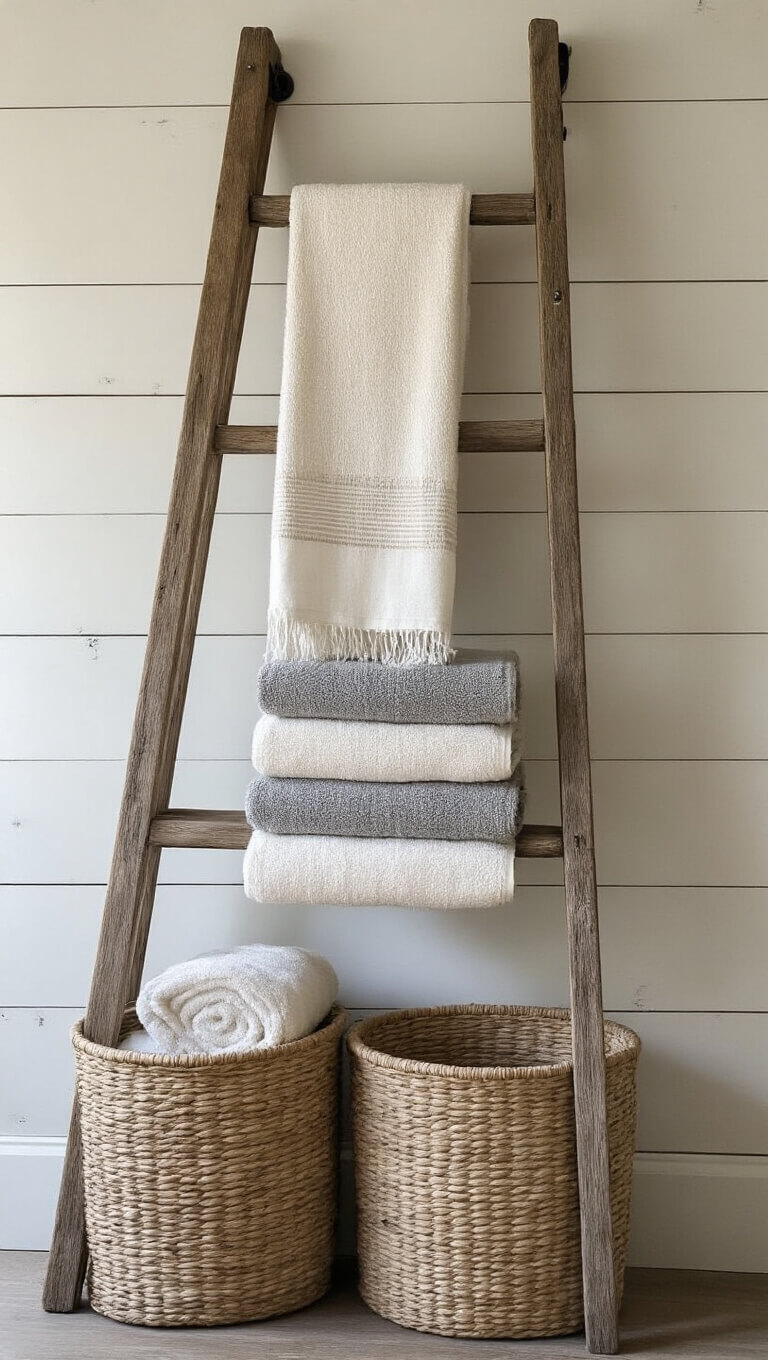 Low-angle detail of an antique wooden ladder against a shiplap wall with cream and gray Turkish towels, woven baskets below, and vintage pulley hooks in ambient evening light.