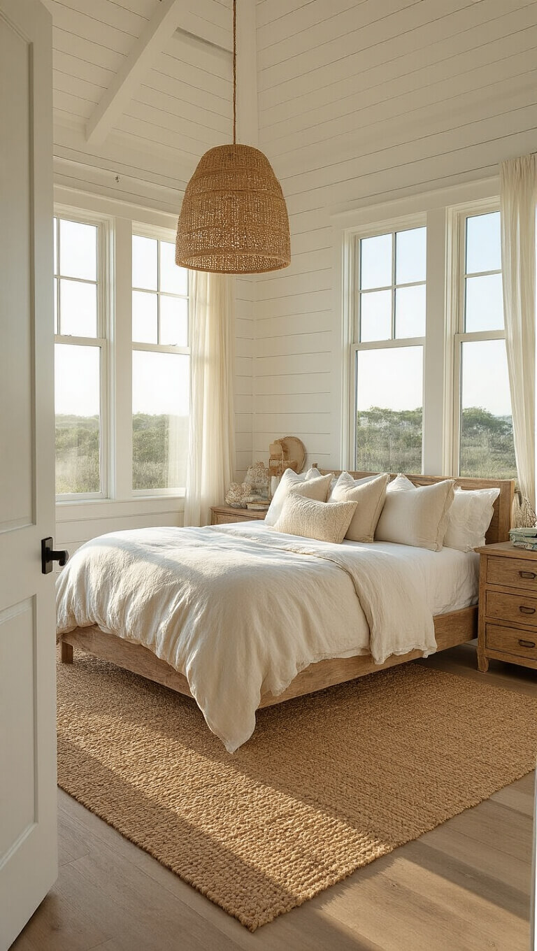 Sunlit master bedroom with king bed, coastal decor, and bay windows at golden hour.