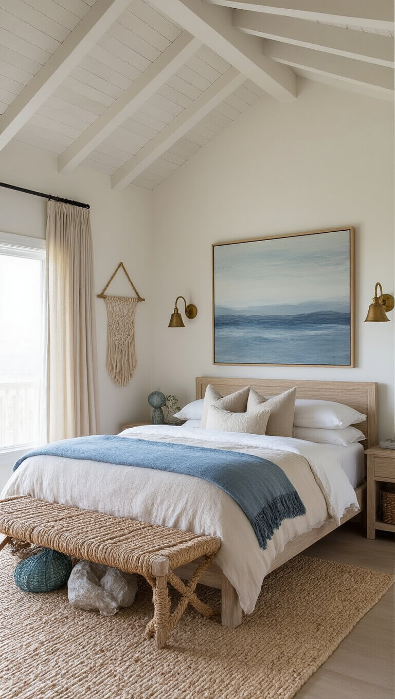 Coastal bedroom at dawn with vaulted ceiling, oak platform bed, sheer drapes, abstract seascape, and nautical decor accents.