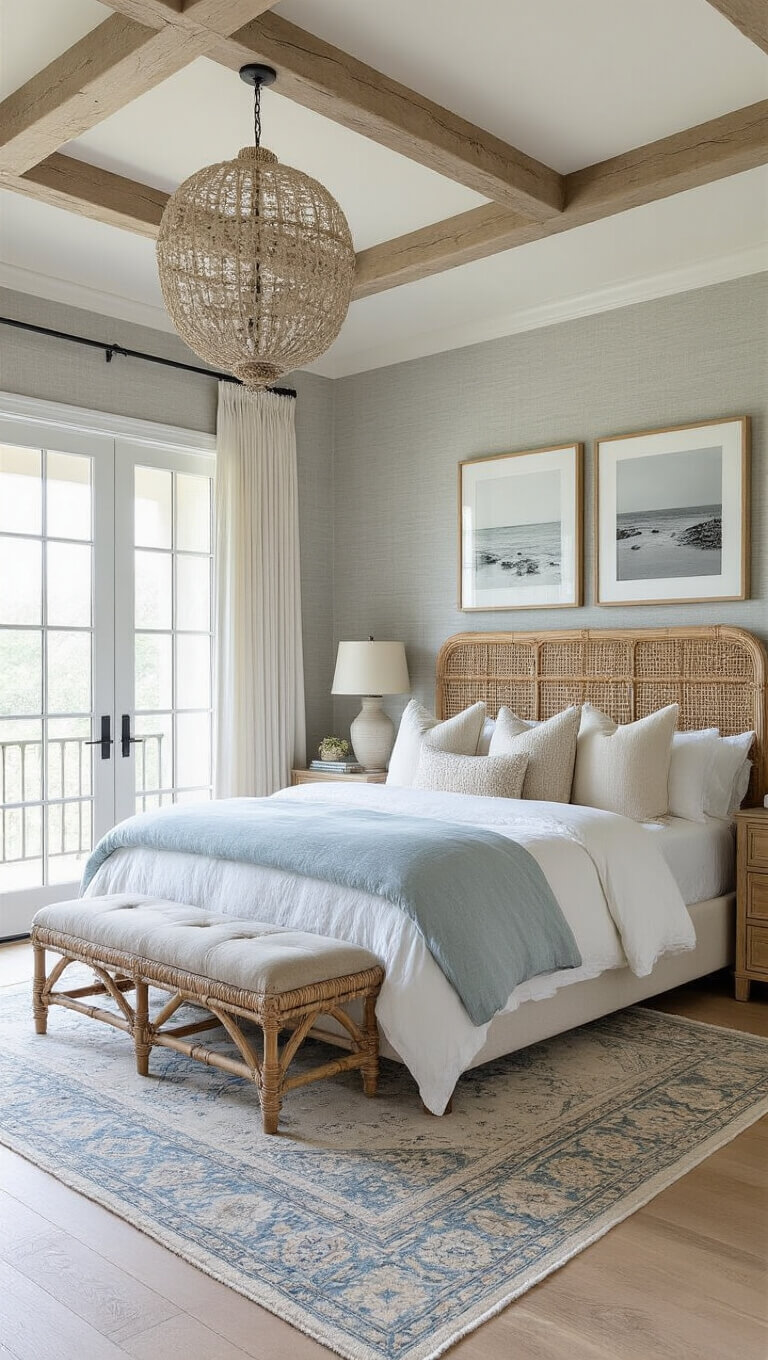 Wide-angle view of bright bedroom with rattan headboard, layered king bed, white oak floors, Persian rug, French doors to balcony, and shell chandelier.
