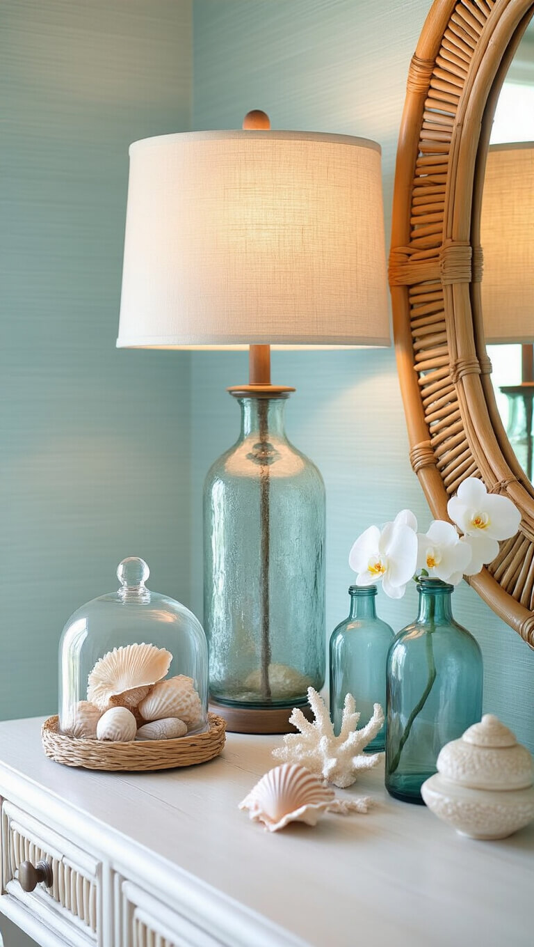 Coastal vanity with whitewashed bamboo desk, rattan mirror, and seashell decor in soft afternoon light.