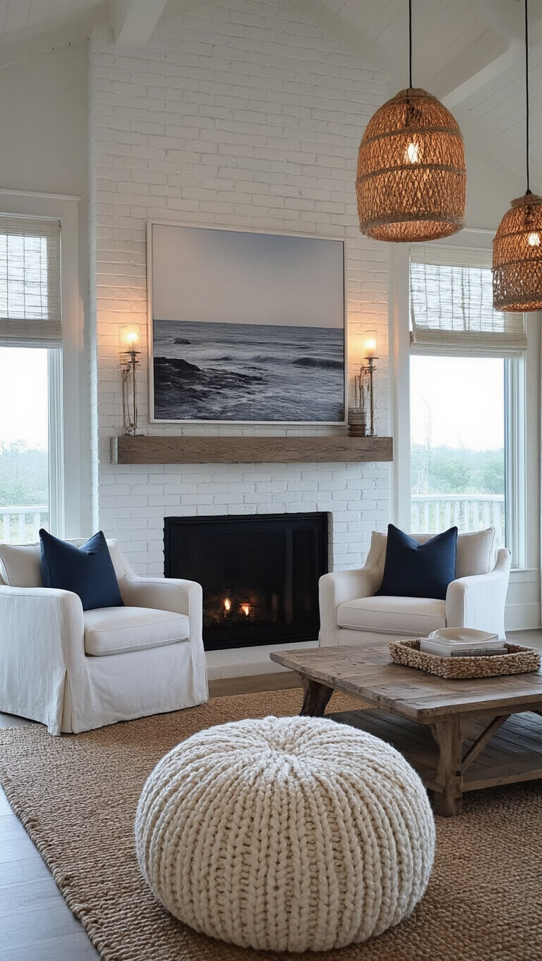 Master bedroom sitting area at twilight with moody lighting, white brick fireplace with driftwood mantel, slipcovered swivel chairs, cream wool pouf, bleached wood coffee table, ocean photography above mantel, and woven pendants in a warm white, gray, and deep ocean blue palette.