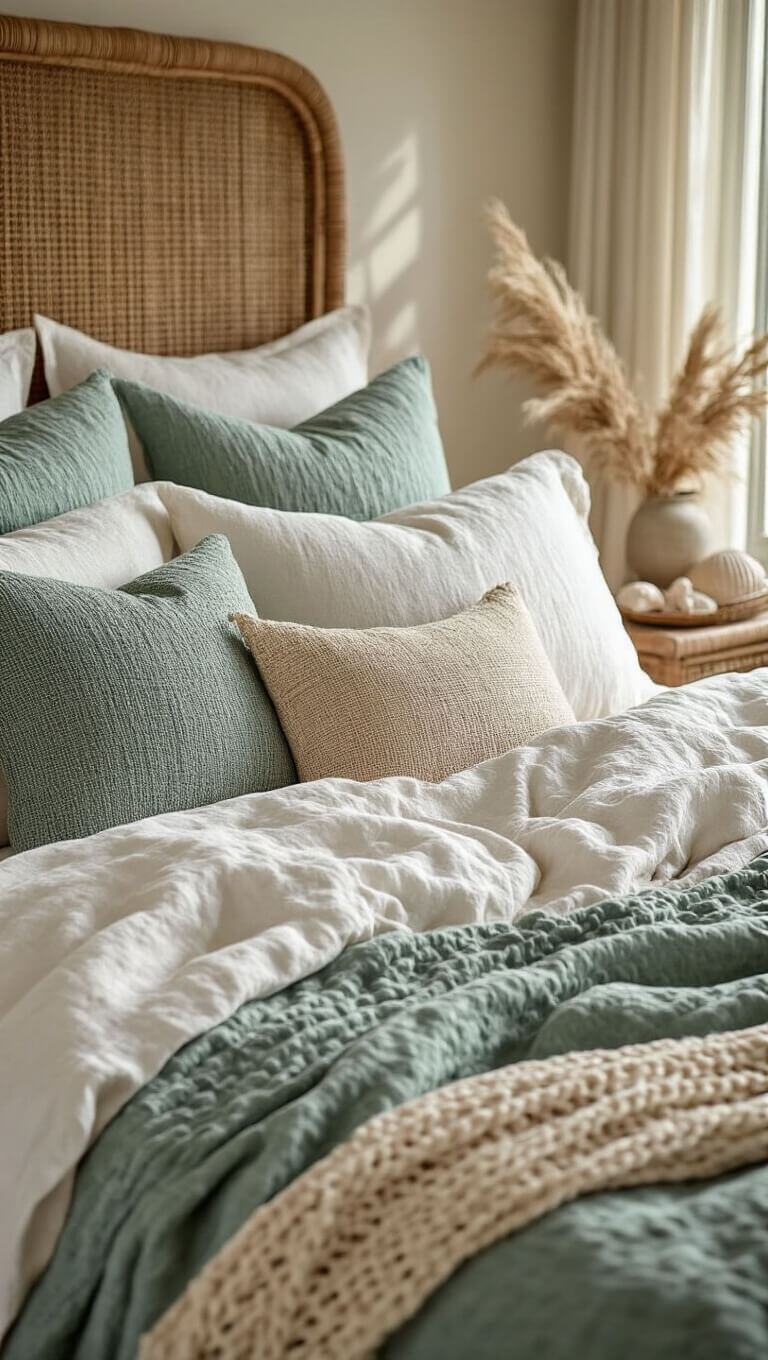 Close-up of coastal-themed king bed with layered textures including rumpled white linen duvet, seafoam green knit throw, and assorted textured pillows, framed by a rattan headboard in morning light.