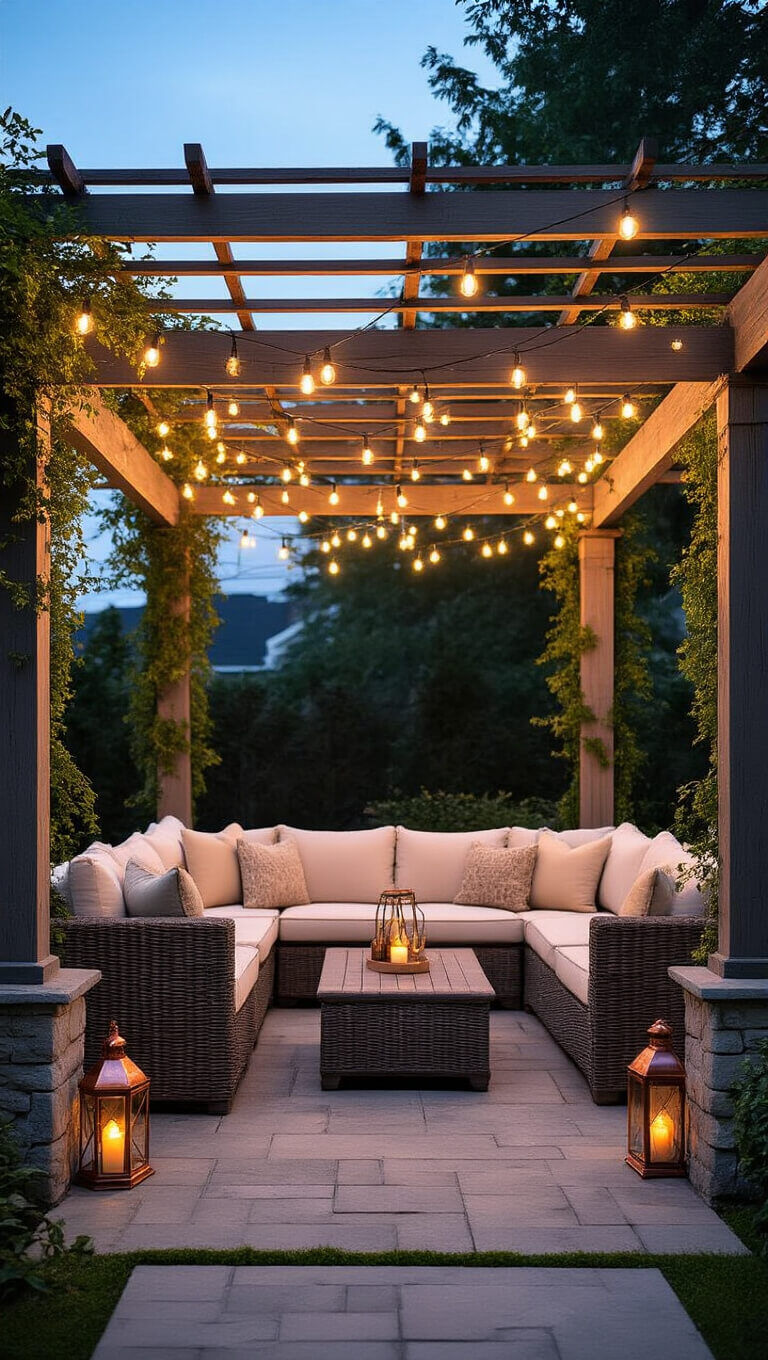 Low-angle view of twilight backyard patio with cedar pergola, Edison string lights, cream-cushioned sectional seating, stone pavers, copper lanterns, and climbing jasmine.