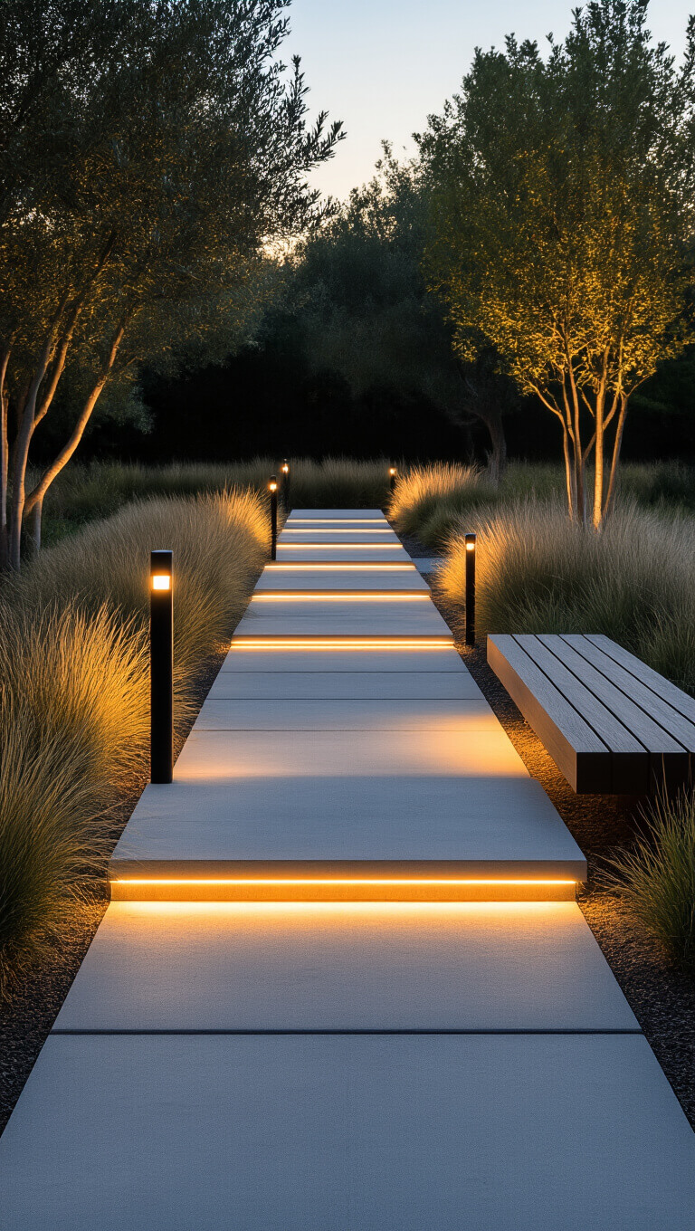Modern concrete pathway with geometric pavers, LED-lit black bollard lights, drought-tolerant grasses, and a floating wooden bench in a minimalist Japanese-inspired garden at dusk.
