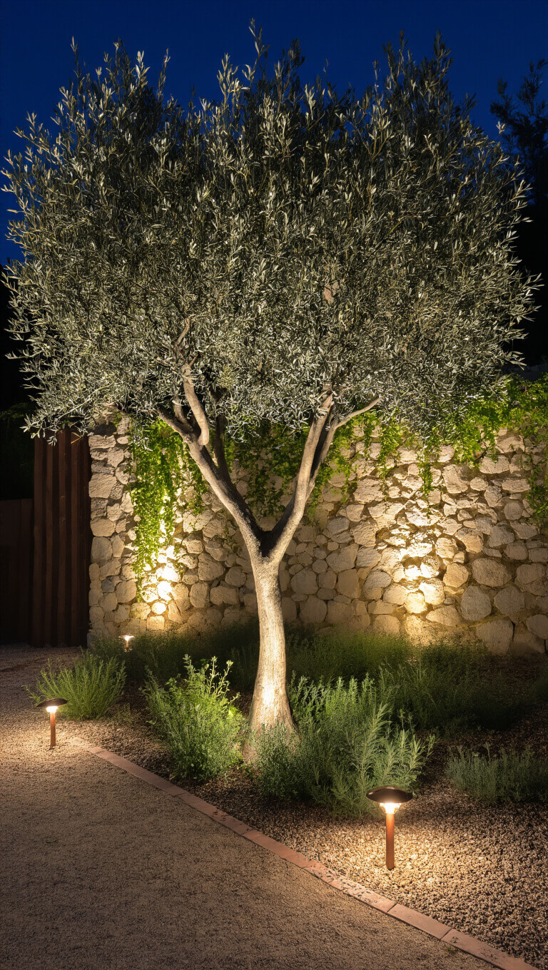 Nighttime garden scene featuring a mature olive tree dramatically lit by buried uplights, with a stone wall and vines in the background, copper path lights, and gravel ground cover with Mediterranean herbs.