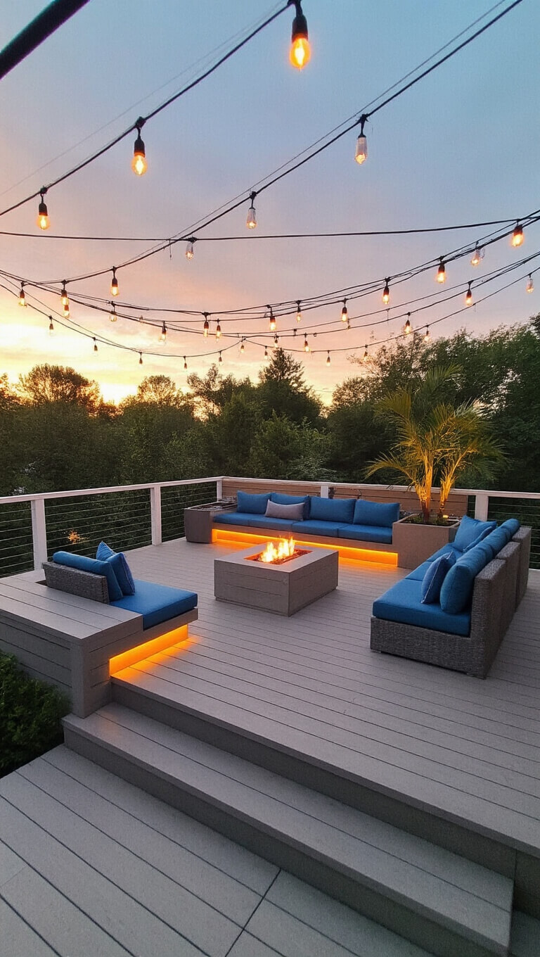 Multi-level 25x40ft sunset deck with LED-lit benches and stairs, diamond-pattern string lights, central modern fire pit, coastal blue-gray furniture, and uplit potted palms.
