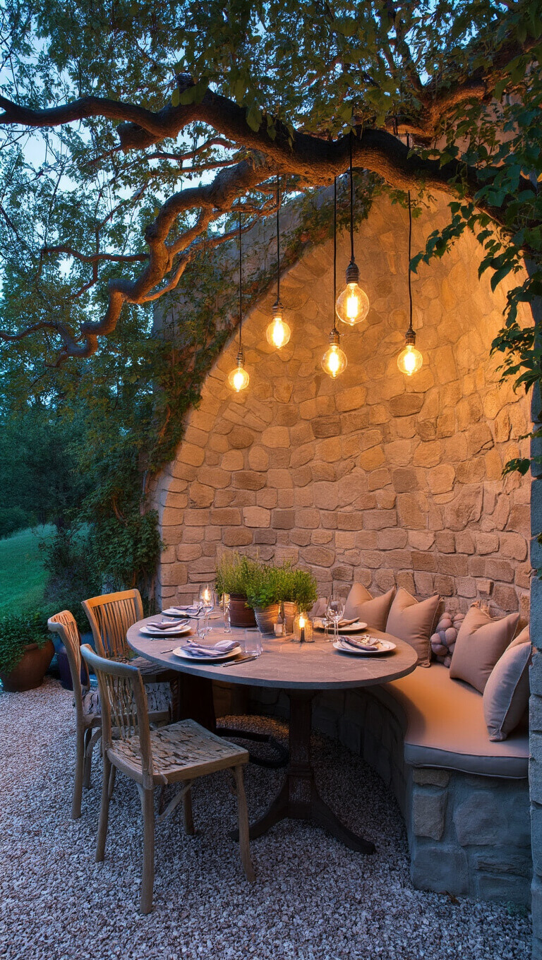 Intimate dining alcove with stone walls, pendant lights hanging from oak branches, farmhouse table for eight, warm vintage lighting, potted herbs, climbing roses, and crushed granite floor at blue hour.