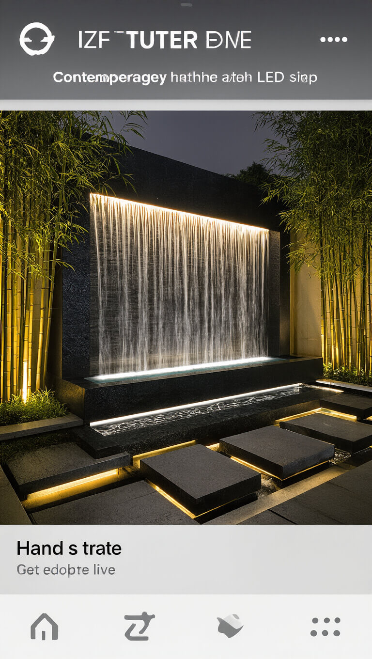Nighttime view of an 8ft contemporary water wall with glowing LED-lit sheet flow, black granite backdrop, bamboo grove, floating lit step stones, and minimal Asian-style decor.