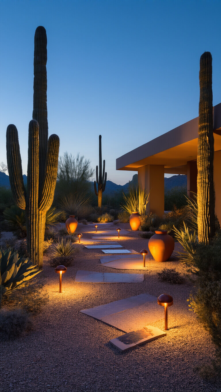 Desert modern garden at night with cacti lit by copper spotlights, angular granite paths, solar markers, and dramatic plant shadows.