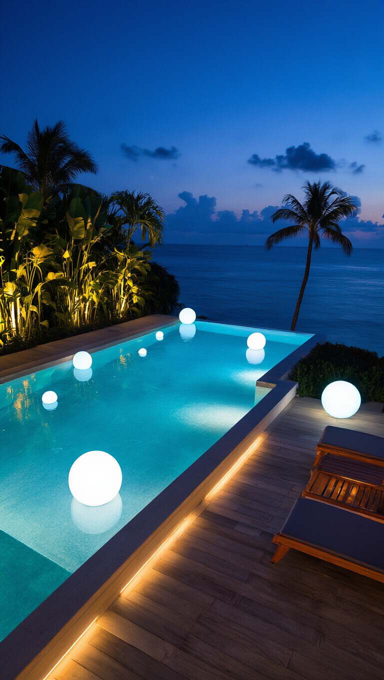 Nighttime view of a 40ft infinity pool with color-changing underwater LEDs, floating LED orbs, tropical plants with uplighting, teak lounges, and palm silhouettes under a deep blue sky.