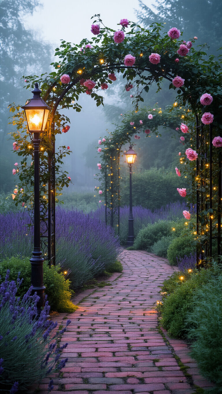 Romantic twilight garden with vintage lamp posts, fog, climbing roses, fairy lights, lavender borders, and mossy brick path.